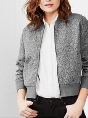 💠Gap Floral Quilted Cocoon Bomber Jacket Womens Medium Relaxed Grey Pima Cotton